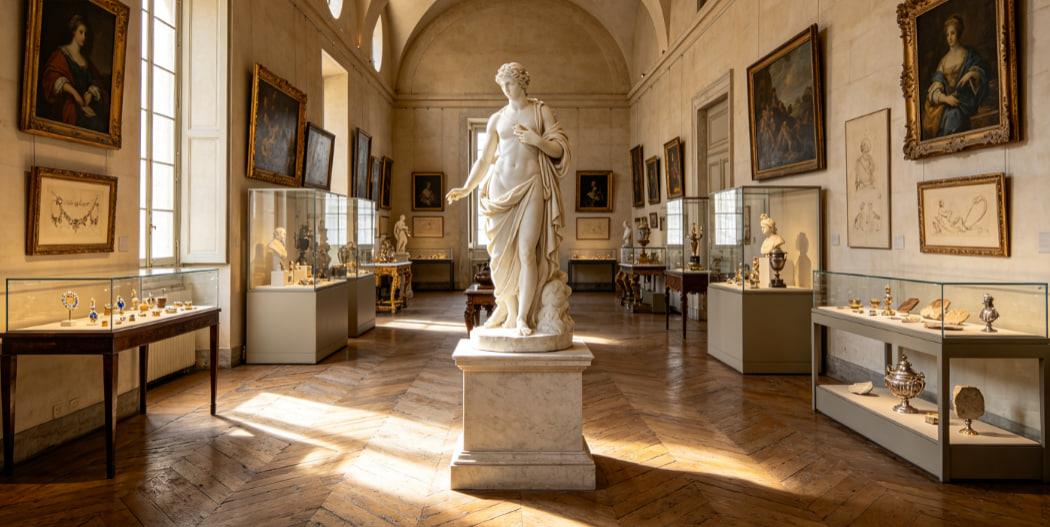 Sala museale italiana con sculture e dipinti